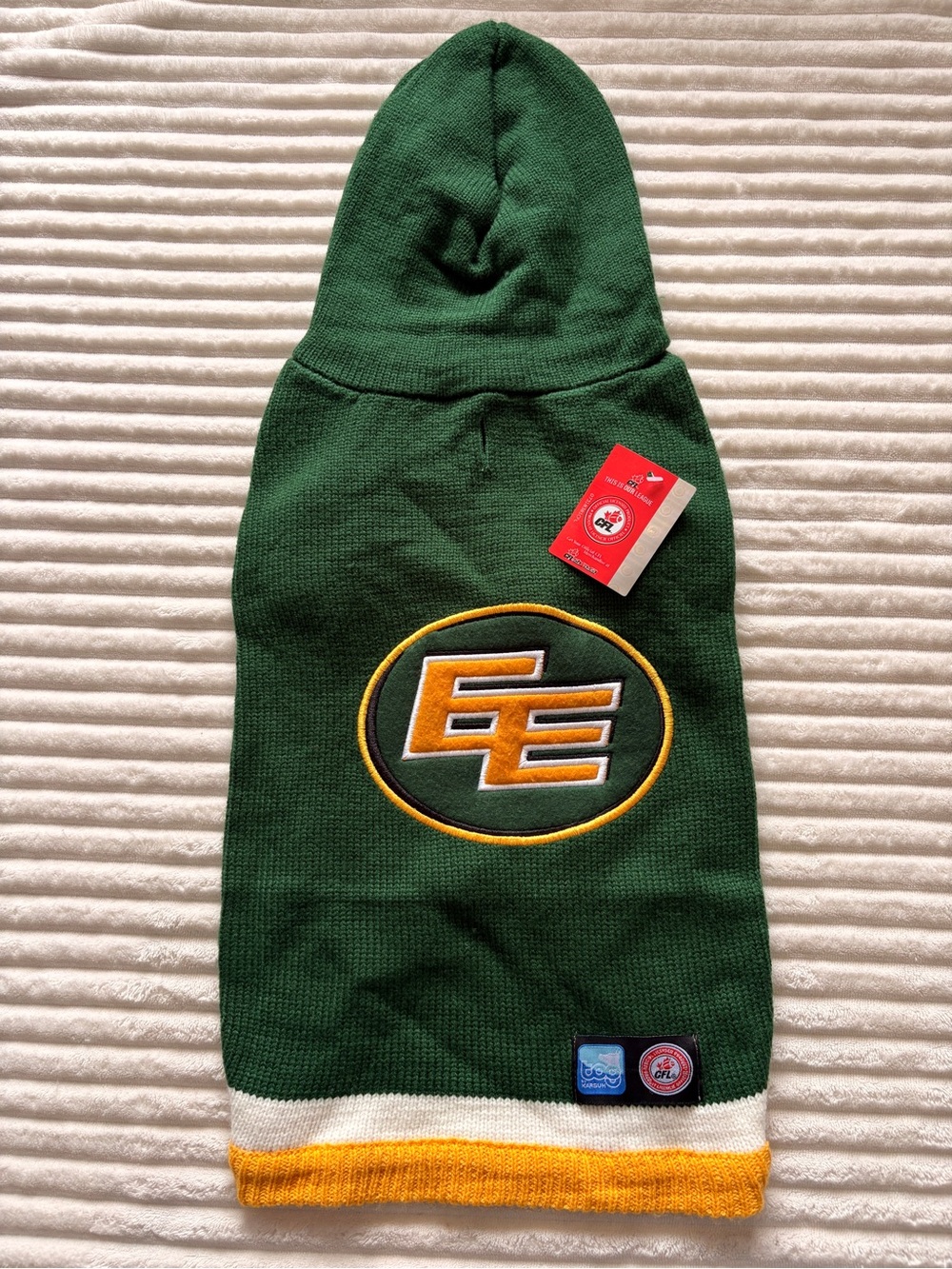 Edmonton ELKS CFL Green Team Logo Knit Dog sweater with Yellow Trim